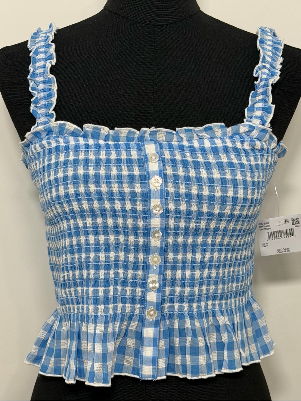 American Eagle Blue Gingham Smocked Crop Top Ruffle Cami NWT S